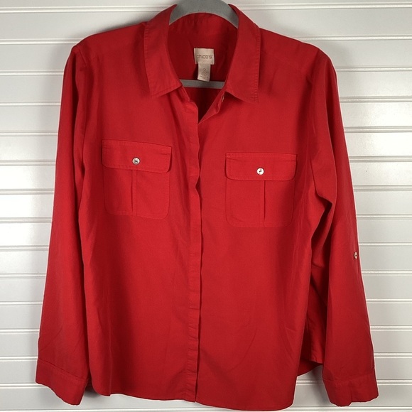 Chicos Shirt Womens Extra Large 2/ M Red Button Up Roll Tab Top Blouse Stretch - Picture 1 of 7